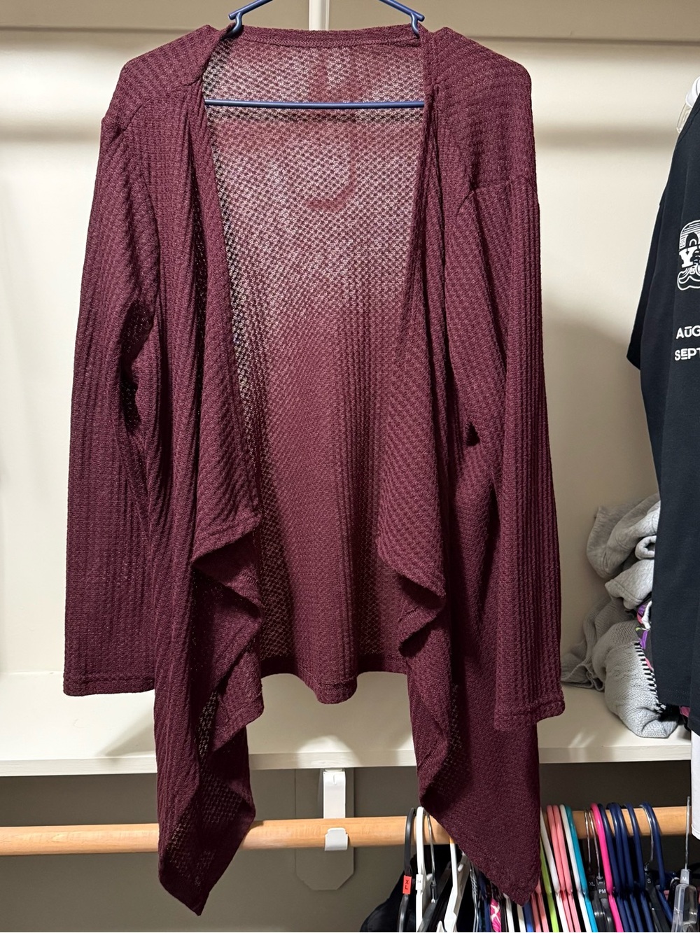 SHEIN Open-Front Waffle Knit Cardigan - Burgundy